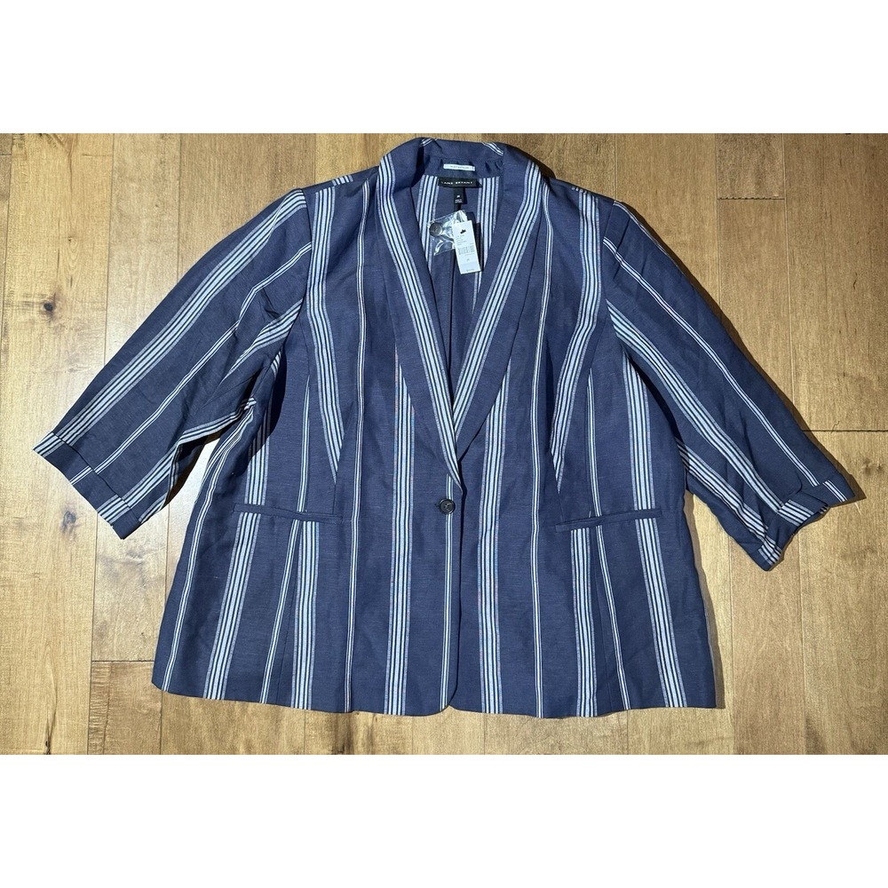 Lane Bryant The Bryant Blazer Linen Navy Blue‎ Striped Jacket Womens Size 28 NWT